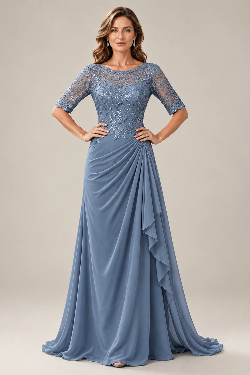 Lace Bodice Three-Quarter Sleeve Draped Side Chiffon Floor-Length Dress