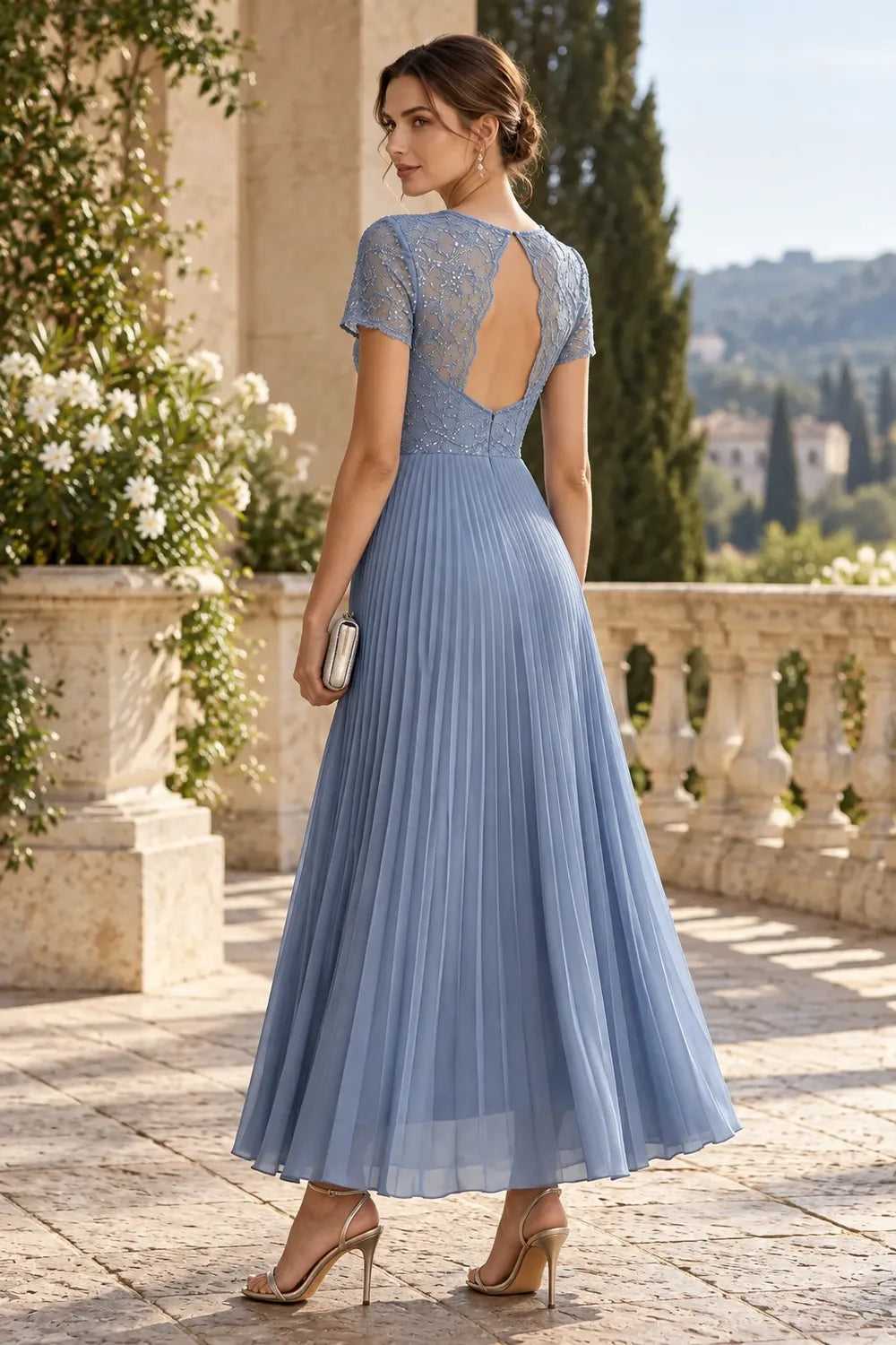 Lace Short Sleeve Pleated Chiffon Tea-Length Dress