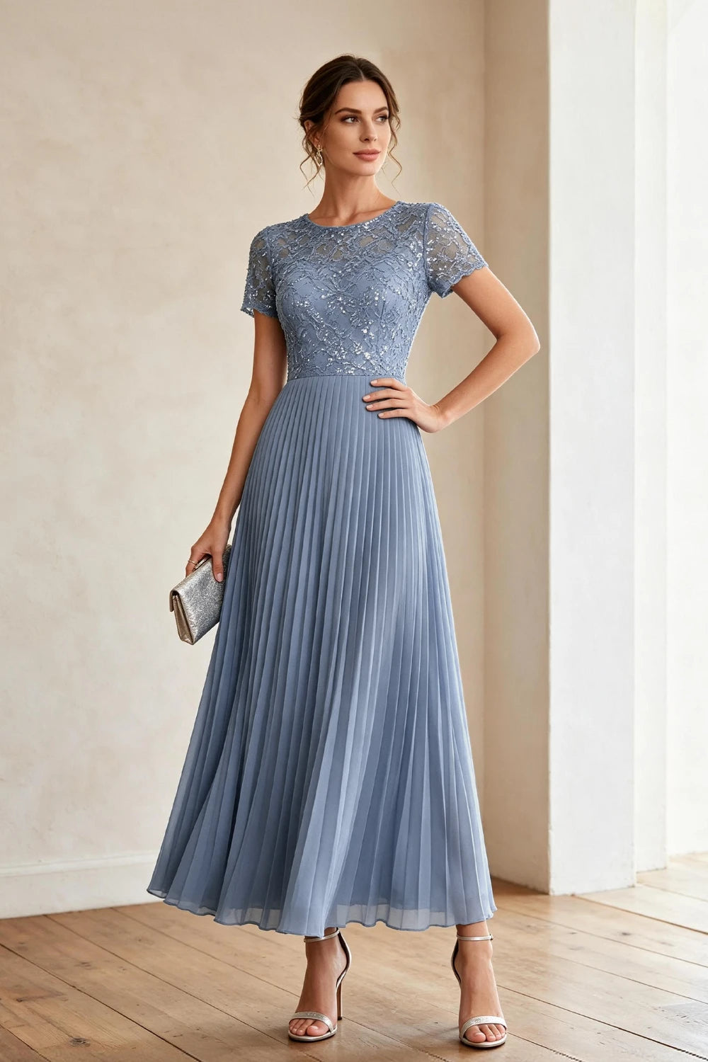 Dusty Blue Lace Short Sleeve Pleated Chiffon Tea-Length Dress