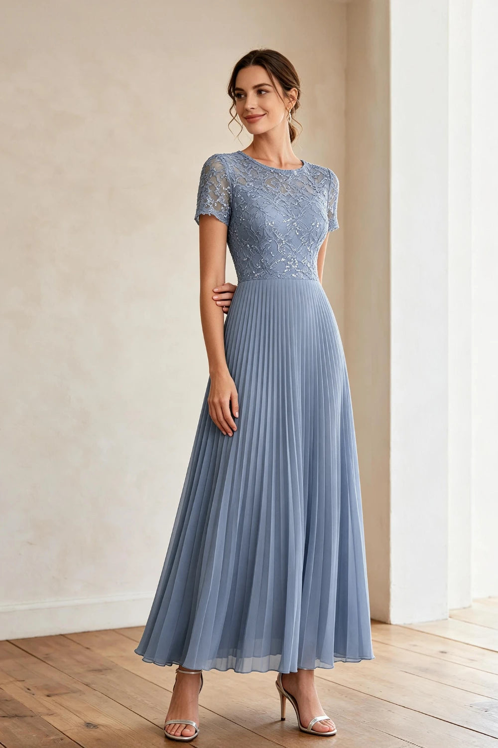 Dusty Blue Lace Short Sleeve Pleated Chiffon Tea-Length Dress