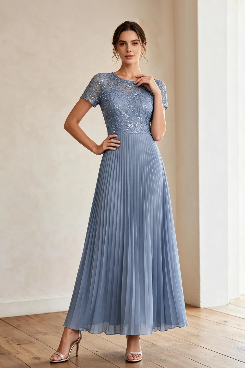 Dusty Blue Lace Short Sleeve Pleated Chiffon Tea-Length Dress