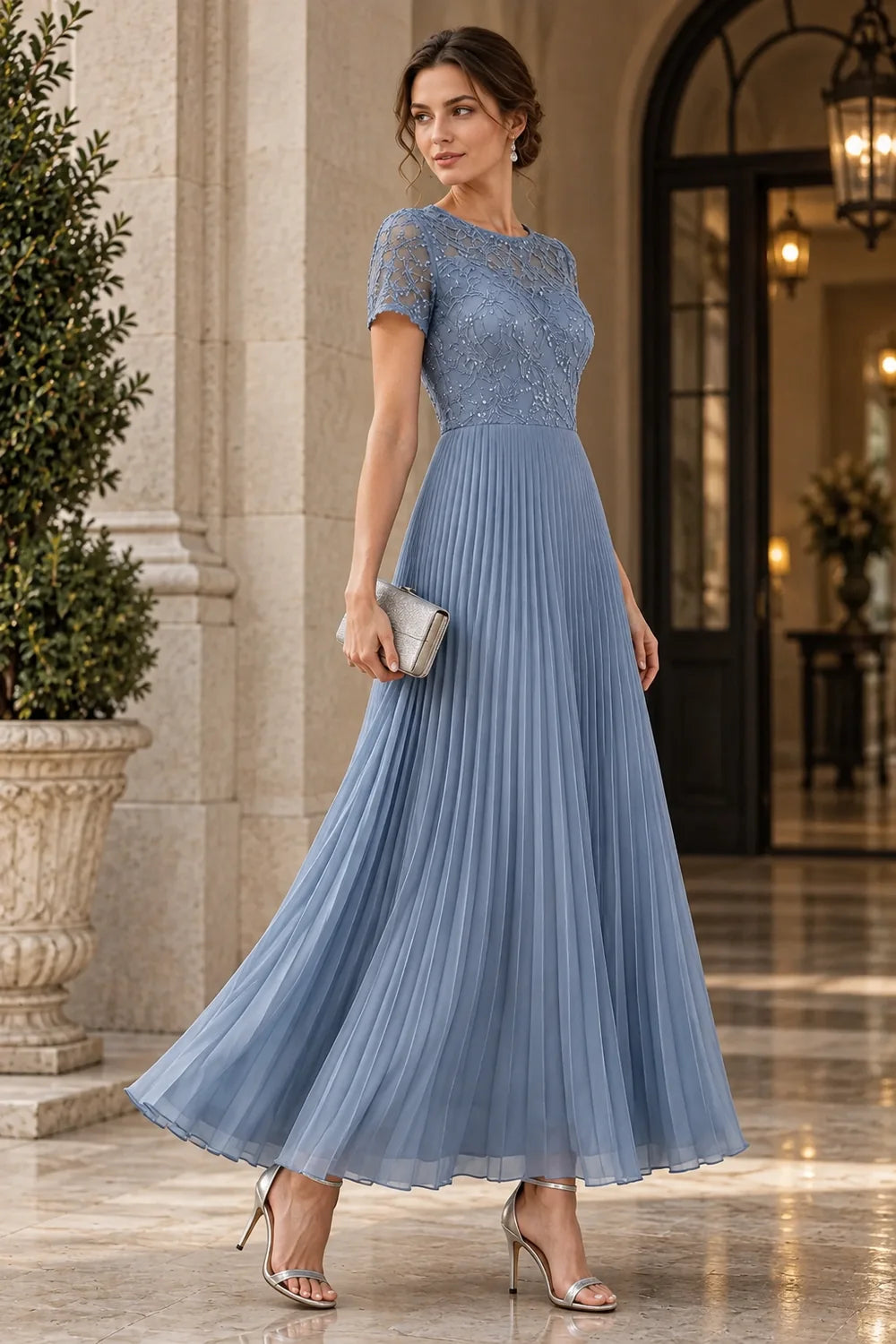 Lace Short Sleeve Pleated Chiffon Tea-Length Dress