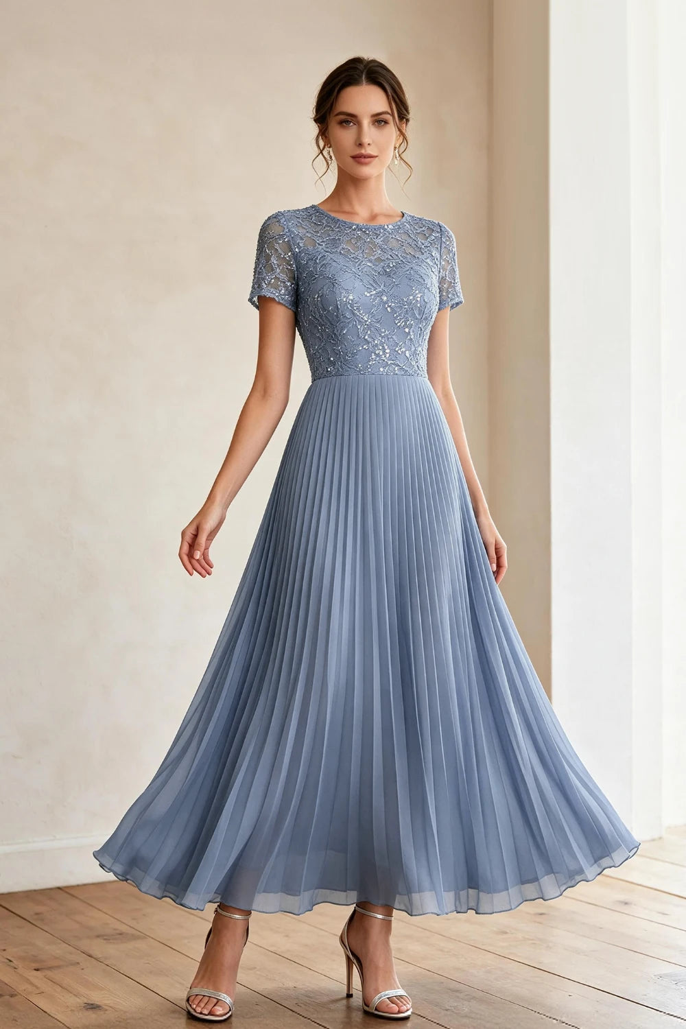 Dusty Blue Lace Short Sleeve Pleated Chiffon Tea-Length Dress