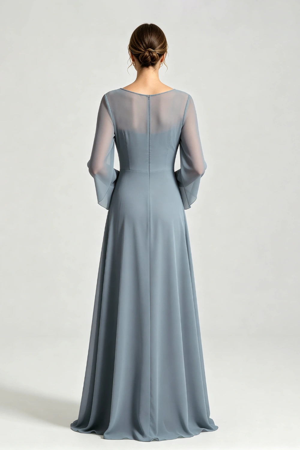Dusty Blue Lace Applique Sheer Yoke Long Sleeve Chiffon Mother of the Bride Dress