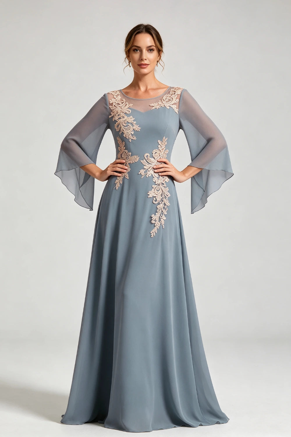 Dusty Blue Lace Applique Sheer Yoke Long Sleeve Chiffon Mother of the Bride Dress