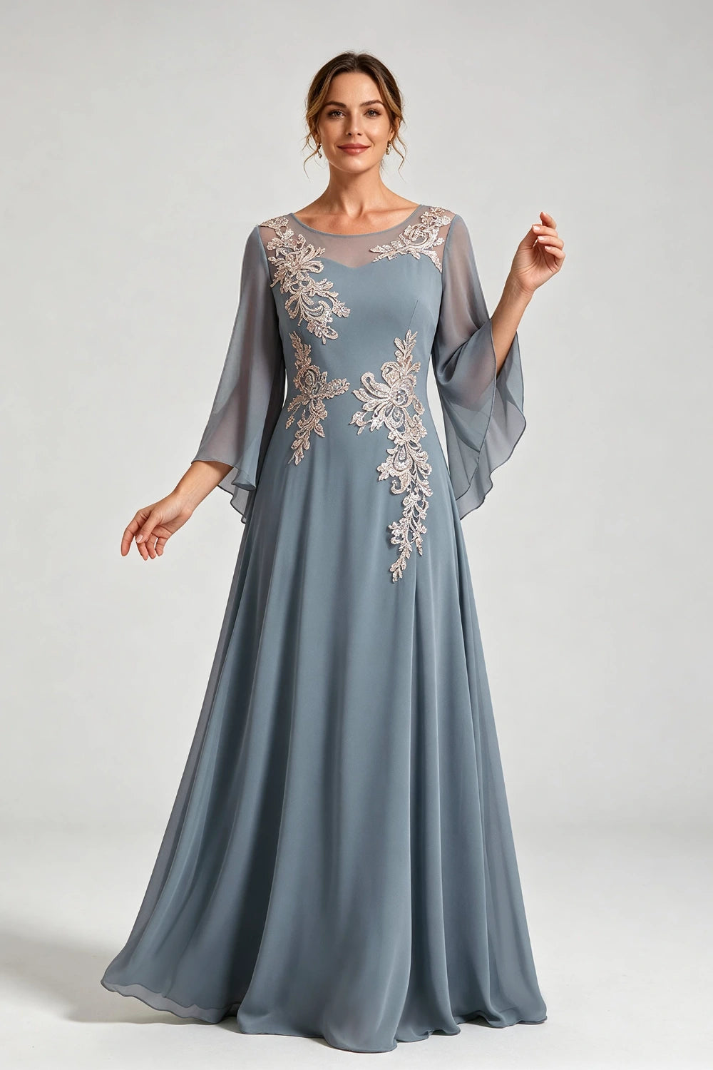 Dusty Blue Lace Applique Sheer Yoke Long Sleeve Chiffon Mother of the Bride Dress