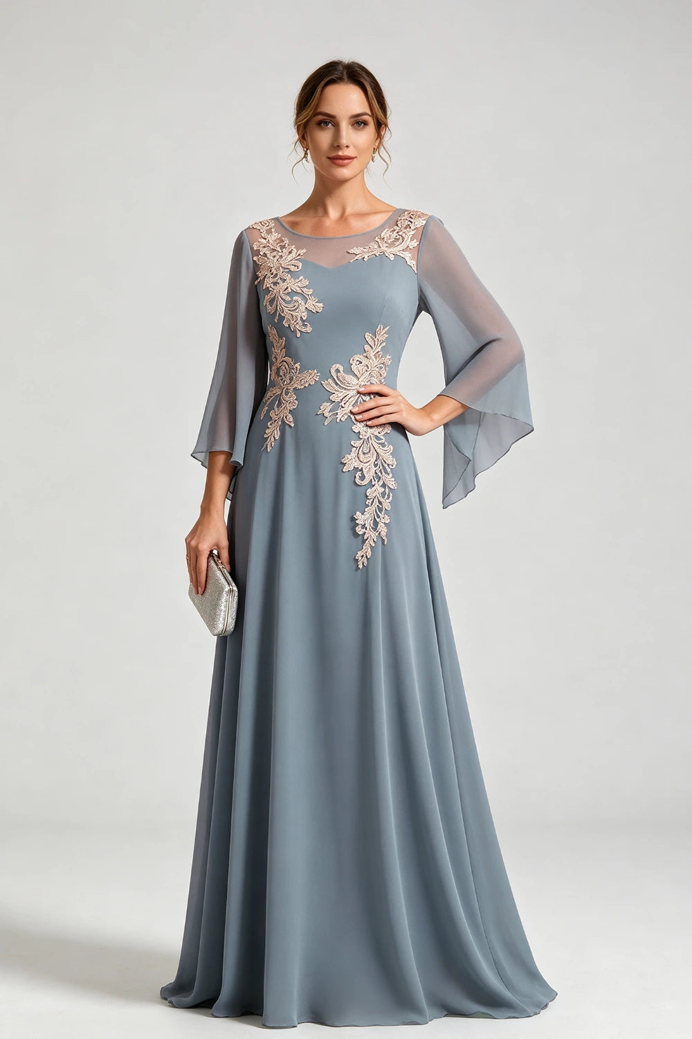 Dusty Blue Lace Applique Sheer Yoke Long Sleeve Chiffon Mother of the Bride Dress