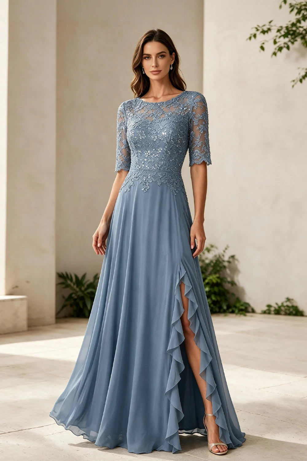 Dusty Blue Lace Bodice Three-Quarter Sleeve Ruffle Slit Chiffon Floor-Length Dress