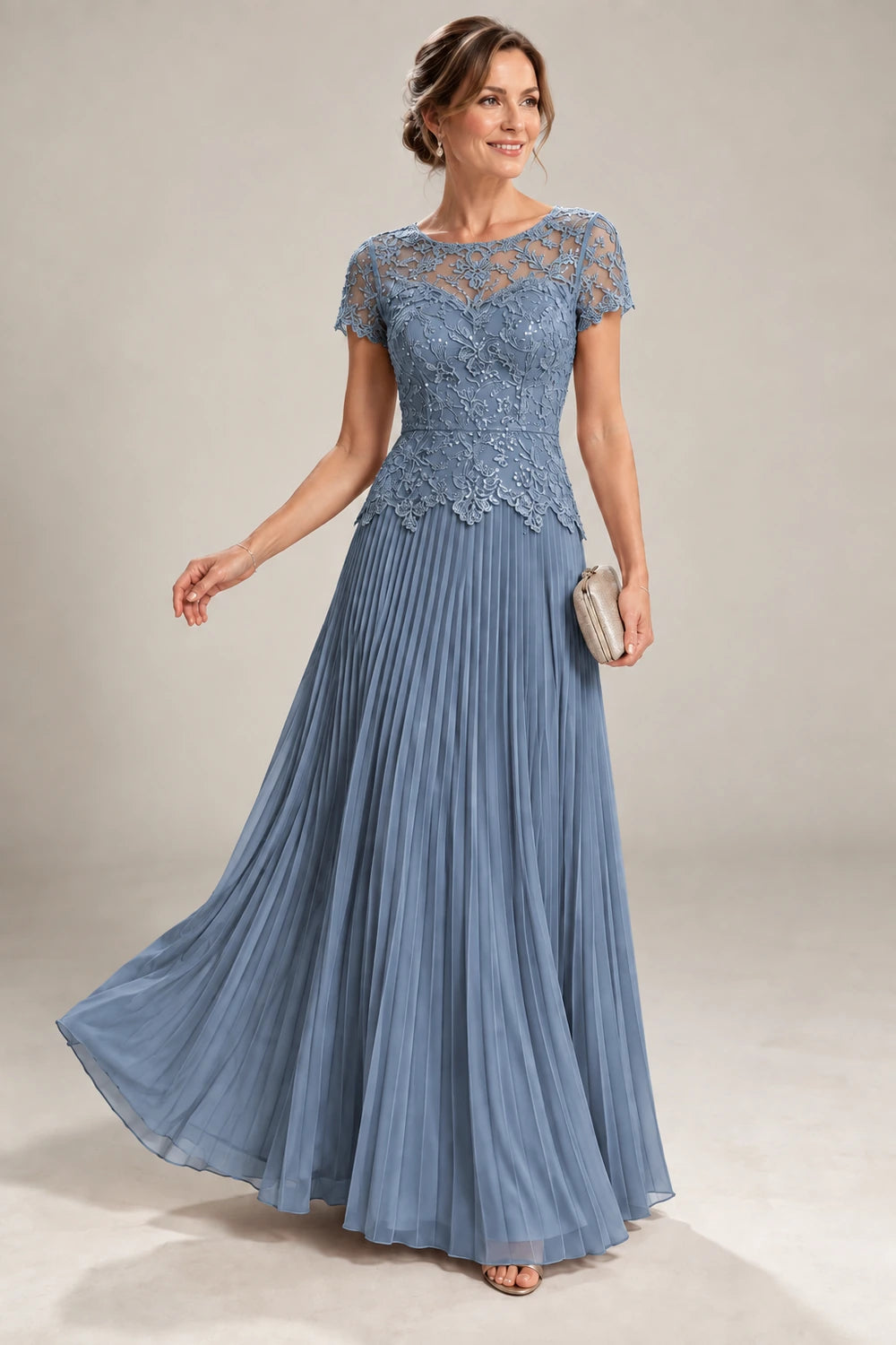 Lace Short Sleeve Pleated Chiffon Floor-Length Dress