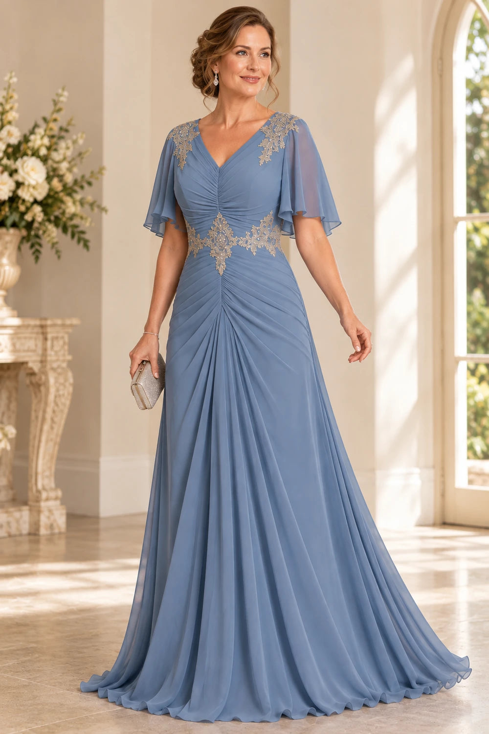 Dusty Blue Ruched Flutter Sleeve Mother of the Bride Gown