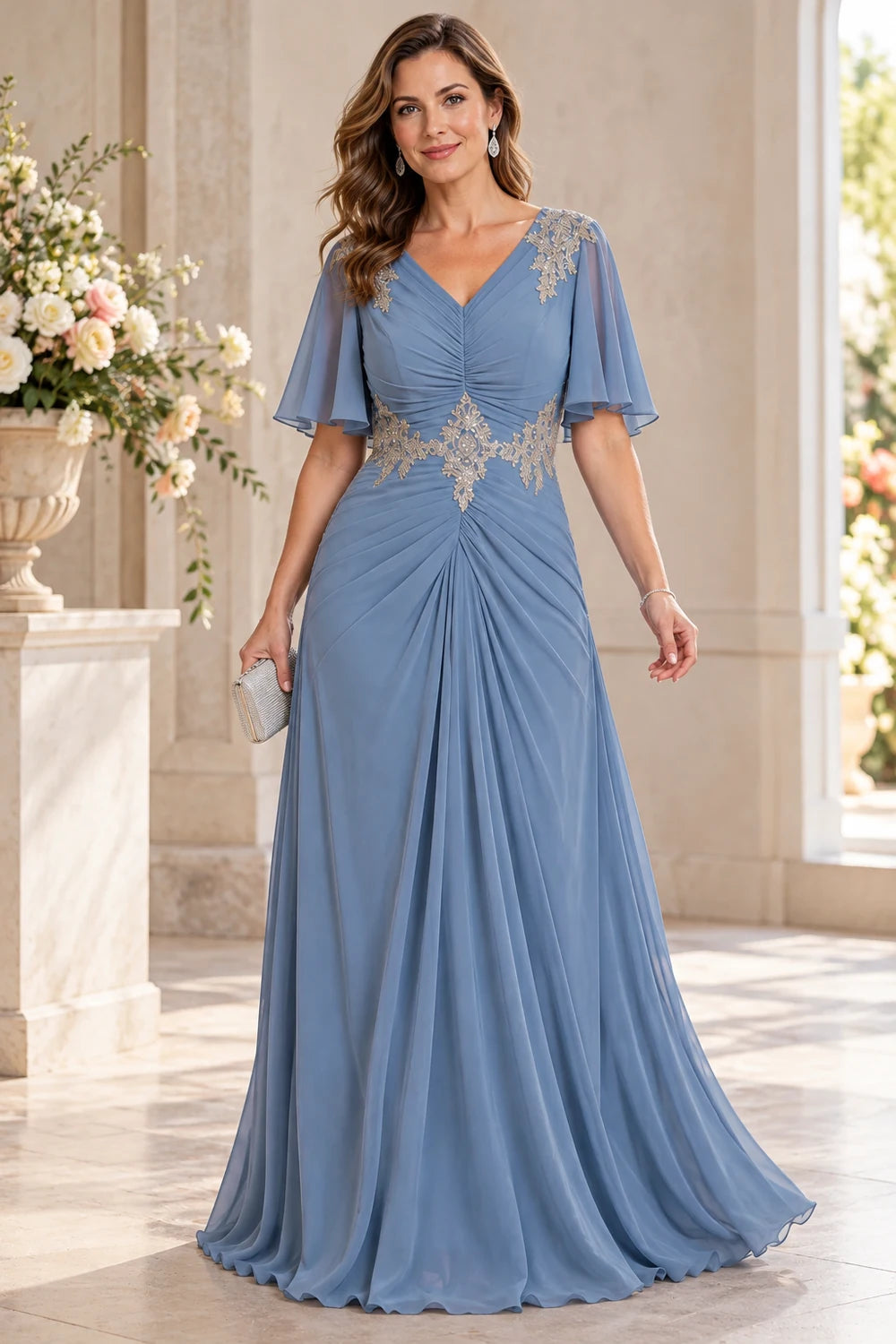 Dusty Blue Ruched Flutter Sleeve Mother of the Bride Gown