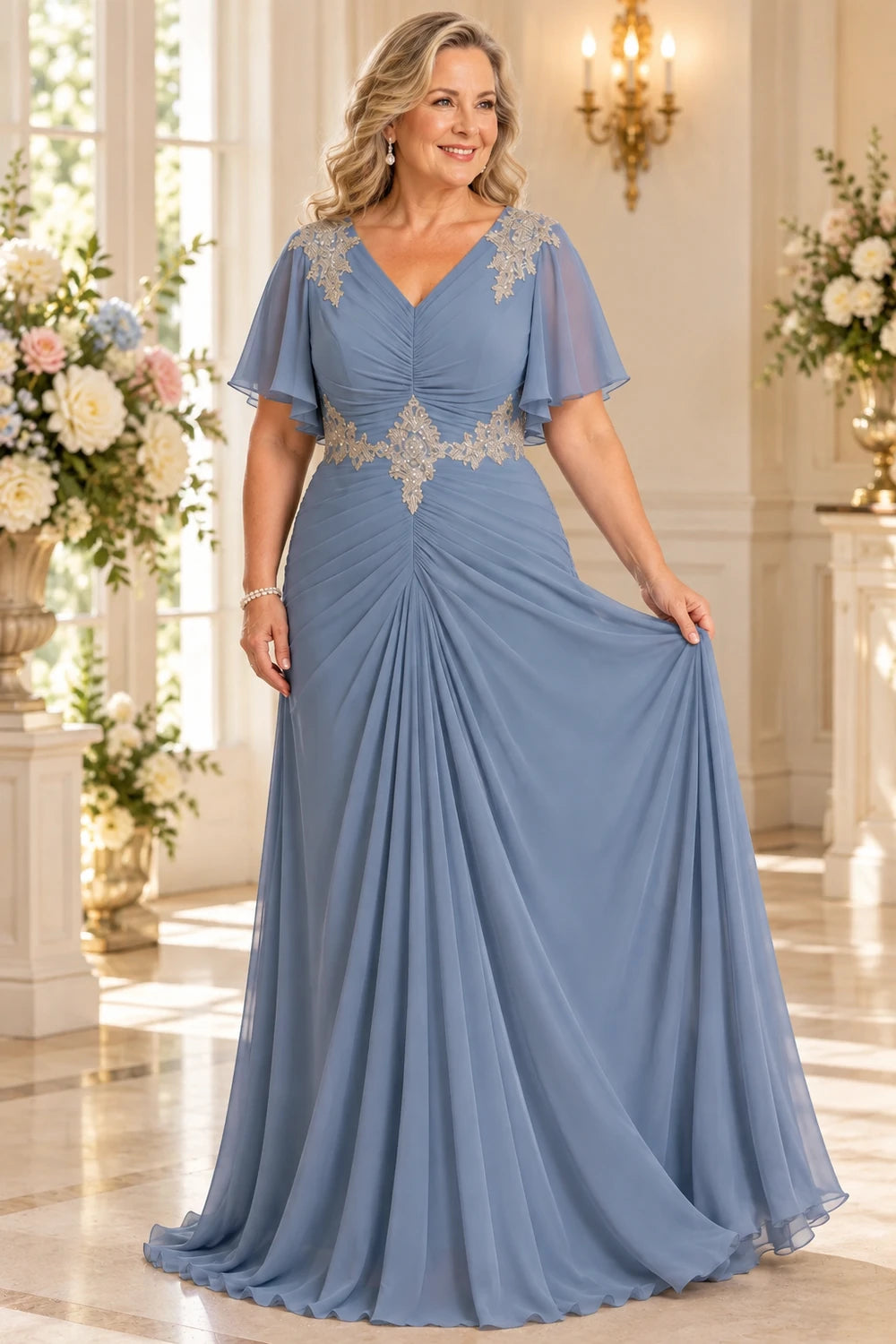 Dusty Blue Ruched Flutter Sleeve Mother of the Bride Gown