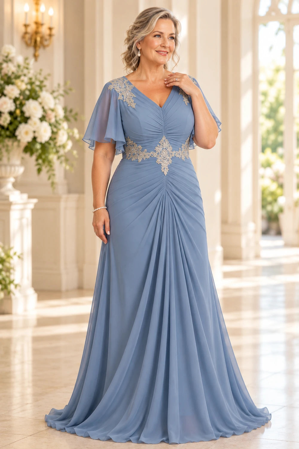 Dusty Blue Ruched Flutter Sleeve Mother of the Bride Gown