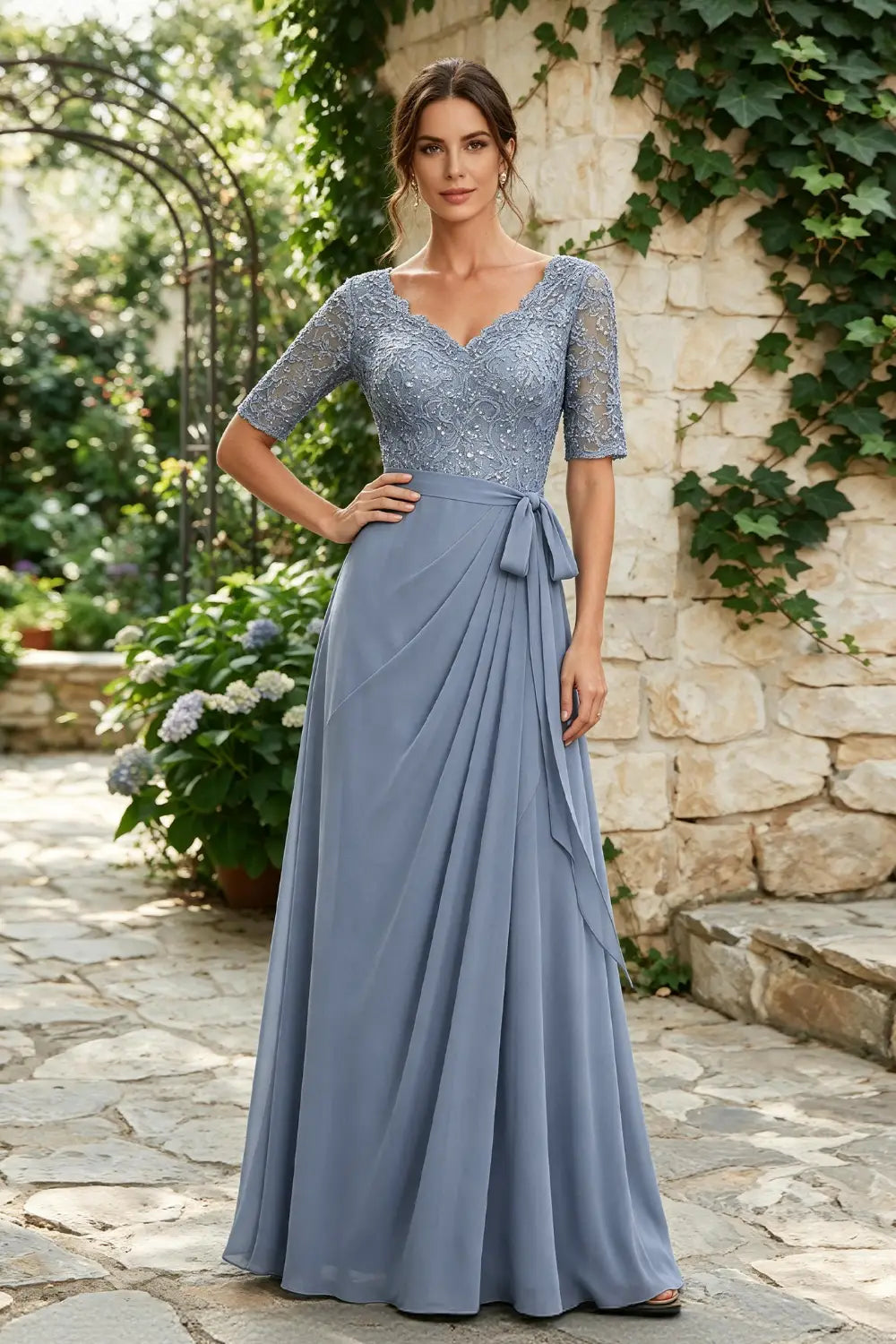 Dusty Blue Lace Elbow-Sleeve Sash Chiffon Floor-Length Dress