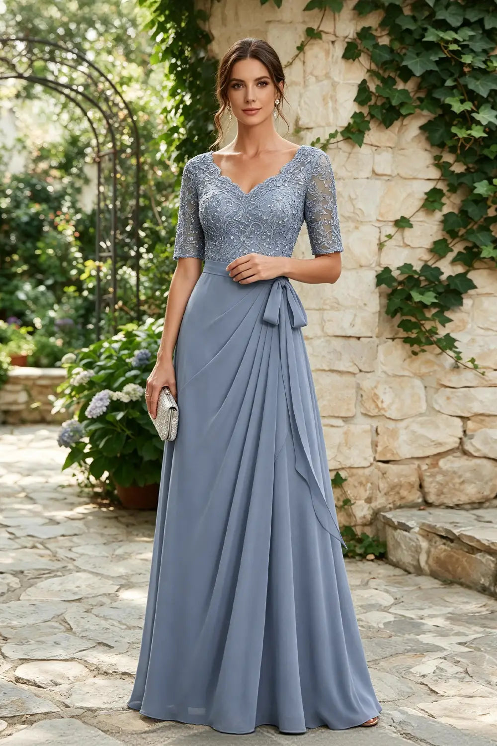 Dusty Blue Lace Elbow-Sleeve Sash Chiffon Floor-Length Dress