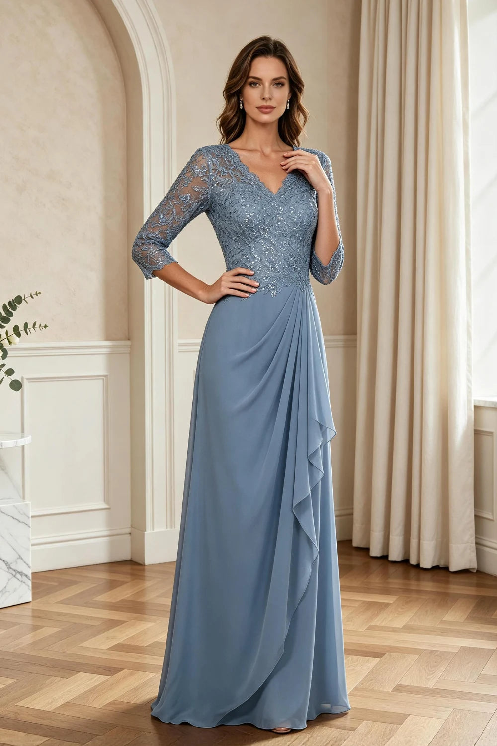 Dusty Blue Lace Three-Quarter Sleeve Draped Cascade Chiffon Floor-Length Dress