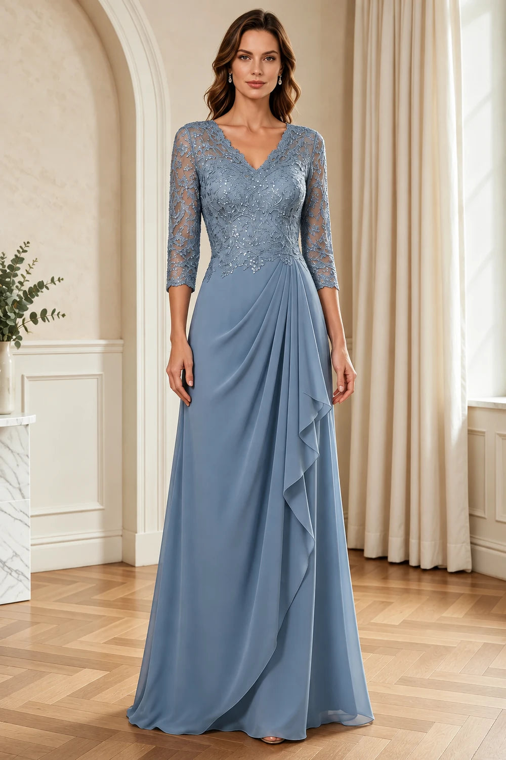 Lace Three-Quarter Sleeve Draped Cascade Chiffon Floor-Length Dress