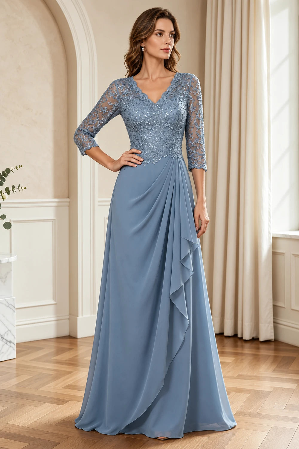 Lace Three-Quarter Sleeve Draped Cascade Chiffon Floor-Length Dress