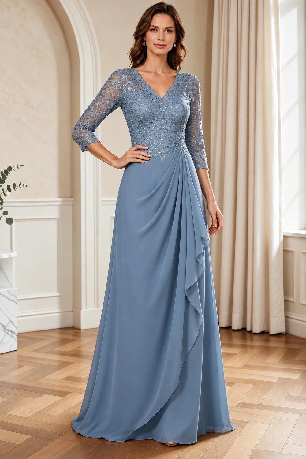 Lace Three-Quarter Sleeve Draped Cascade Chiffon Floor-Length Dress