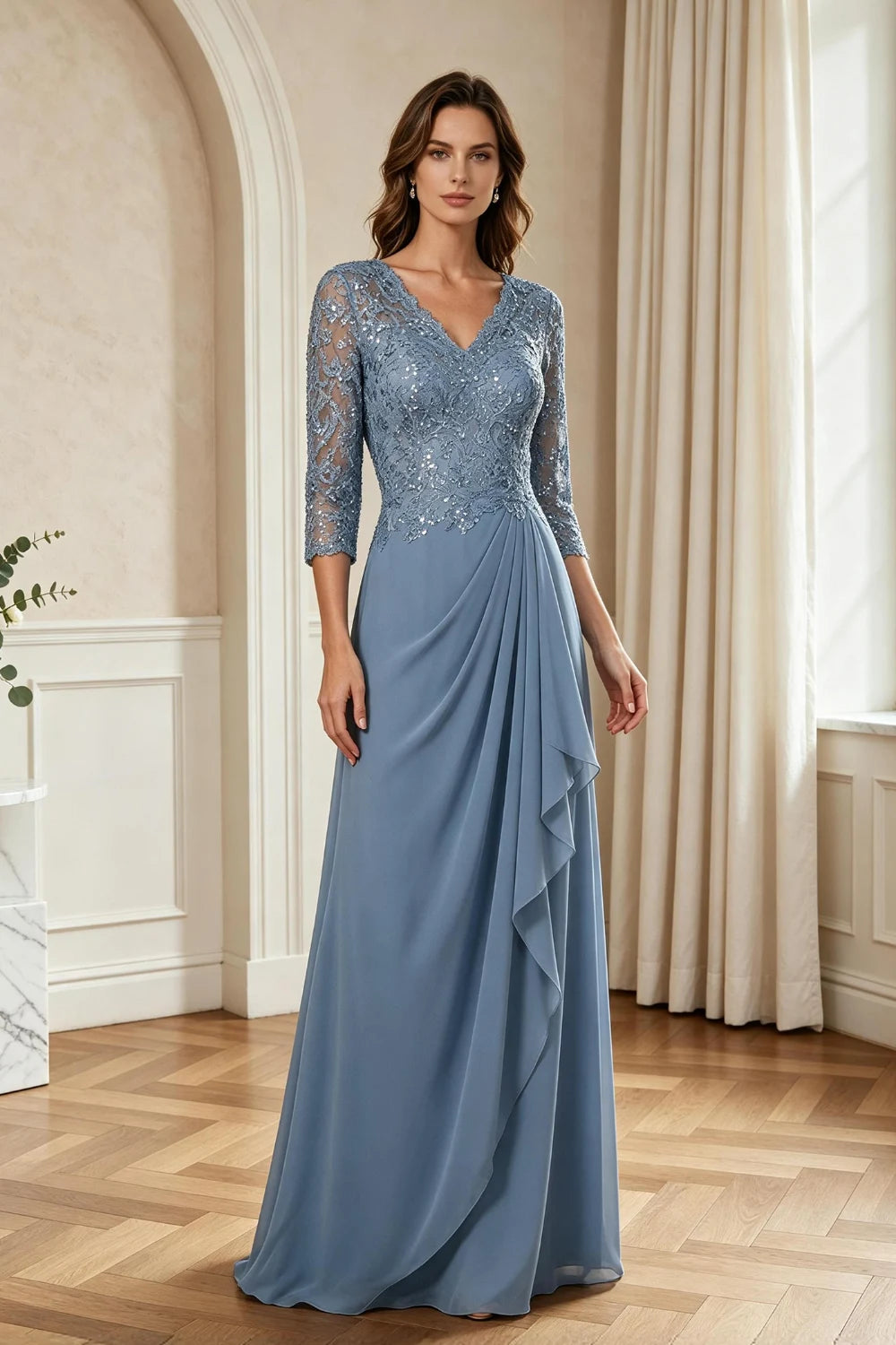 Dusty Blue Lace Three-Quarter Sleeve Draped Cascade Chiffon Floor-Length Dress