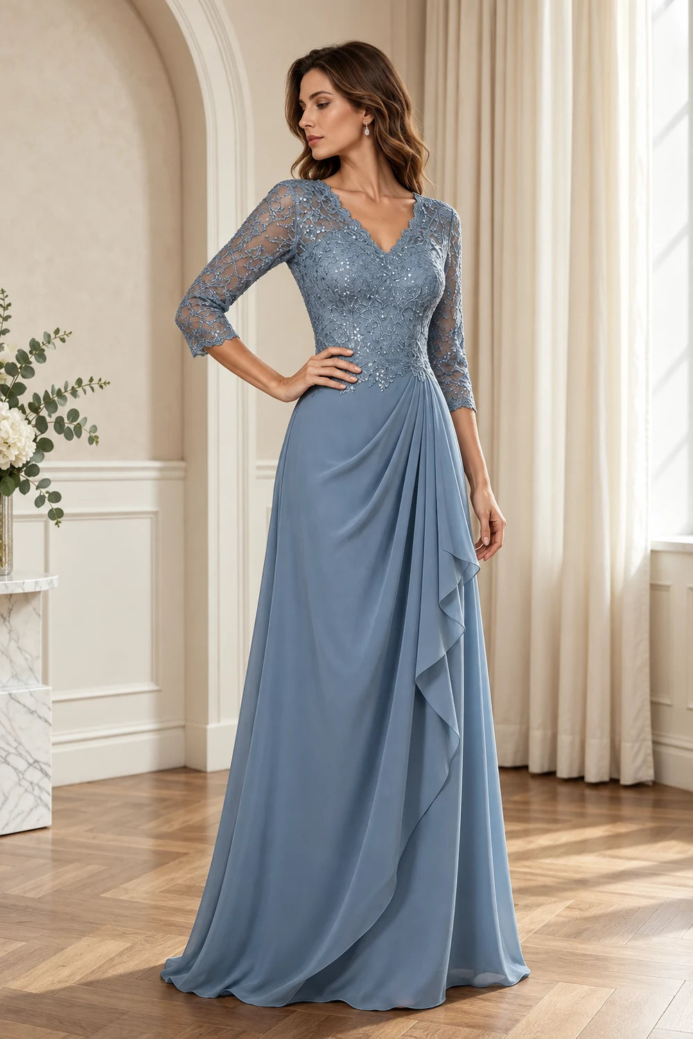 Lace Three-Quarter Sleeve Draped Cascade Chiffon Floor-Length Dress