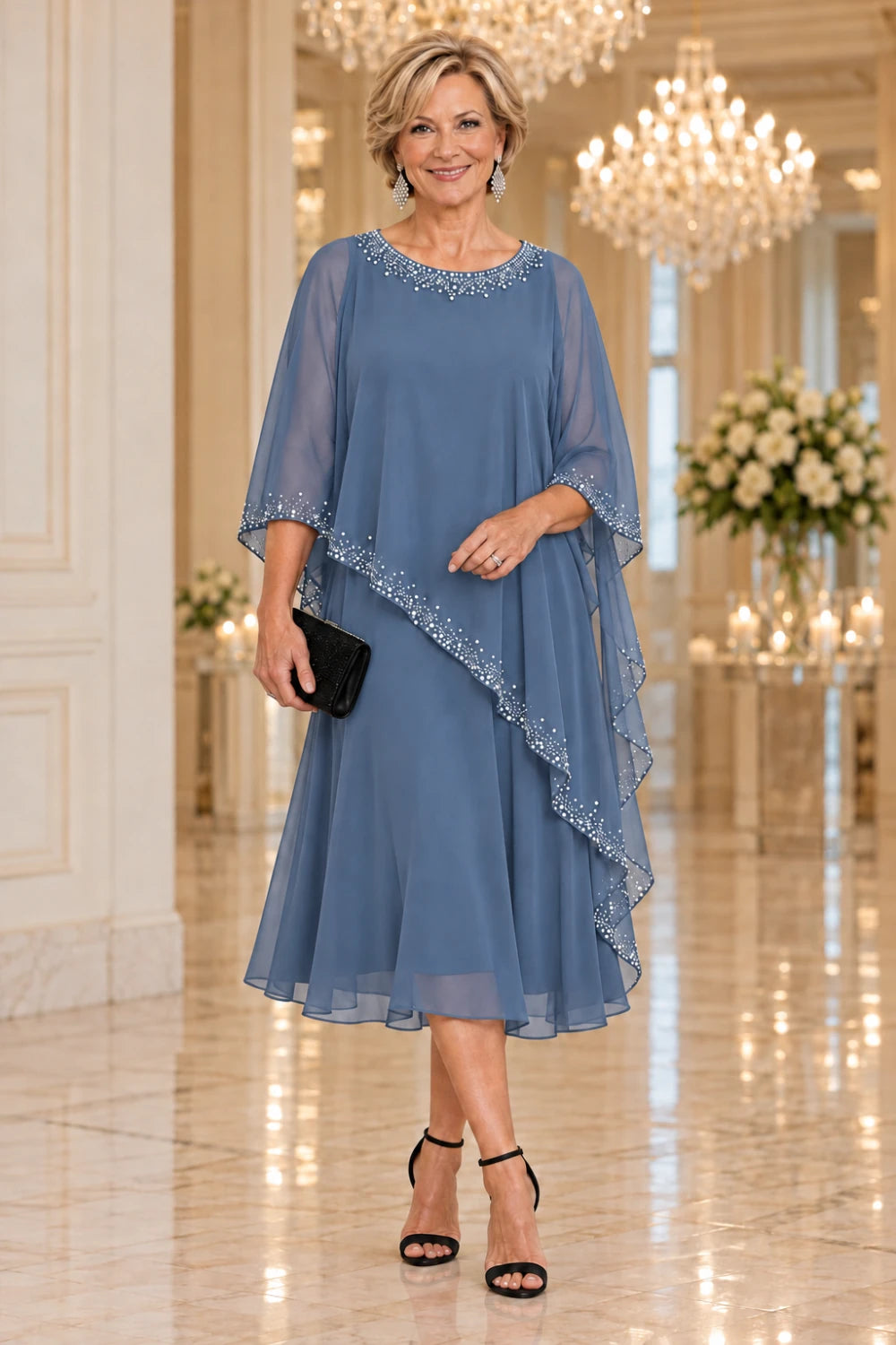 Dusty blue dress with a sheer asymmetric cape and below-knee flared skirt, front view.