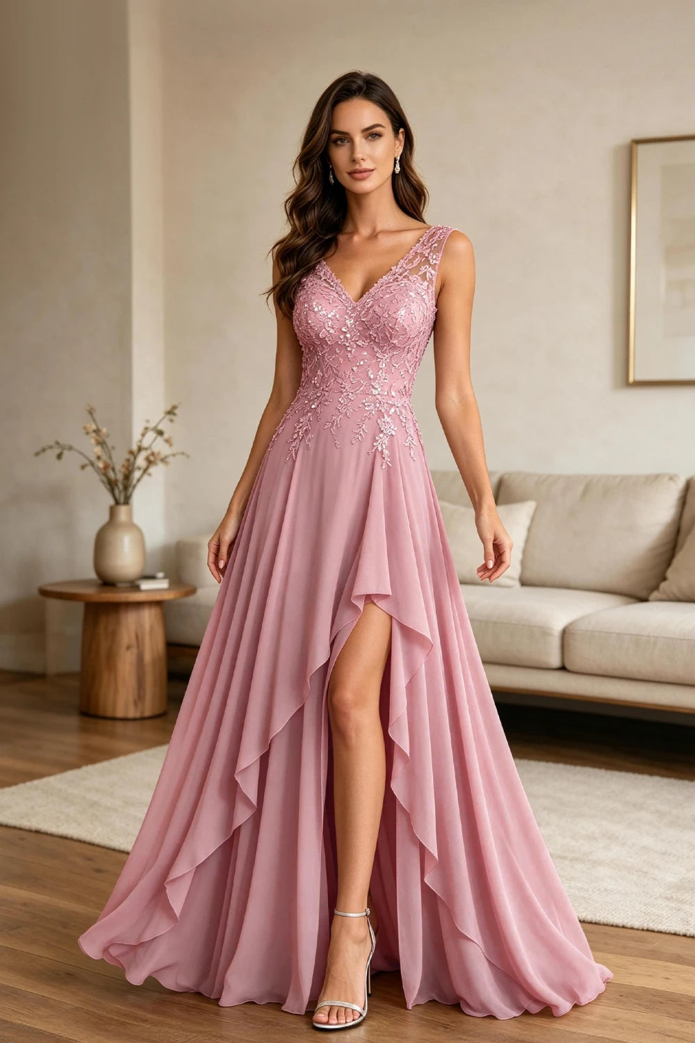Dusty Pink Lace Sleeveless Ruffle Chiffon Floor-Length Dress
