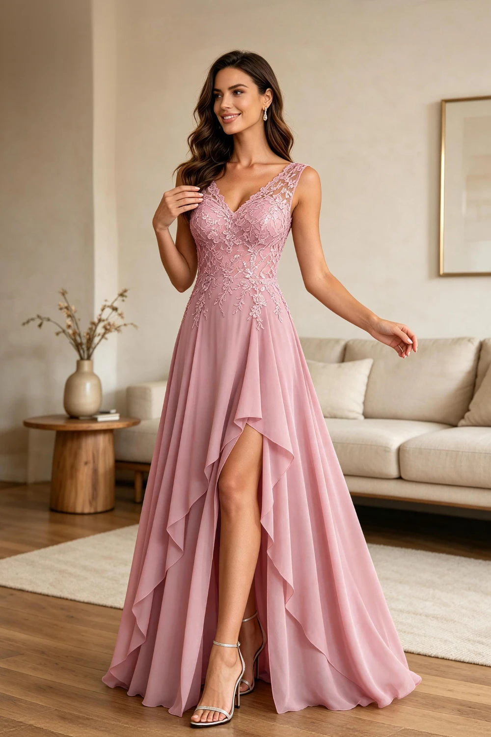 Dusty Pink Lace Sleeveless Ruffle Chiffon Floor-Length Dress