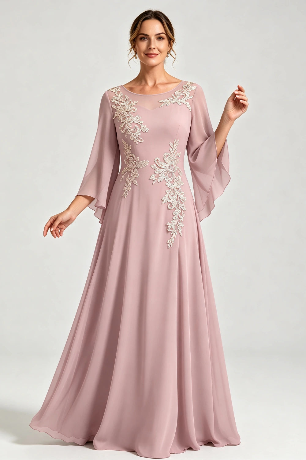 Dusty Blue Lace Applique Sheer Yoke Long Sleeve Chiffon Mother of the Bride Dress
