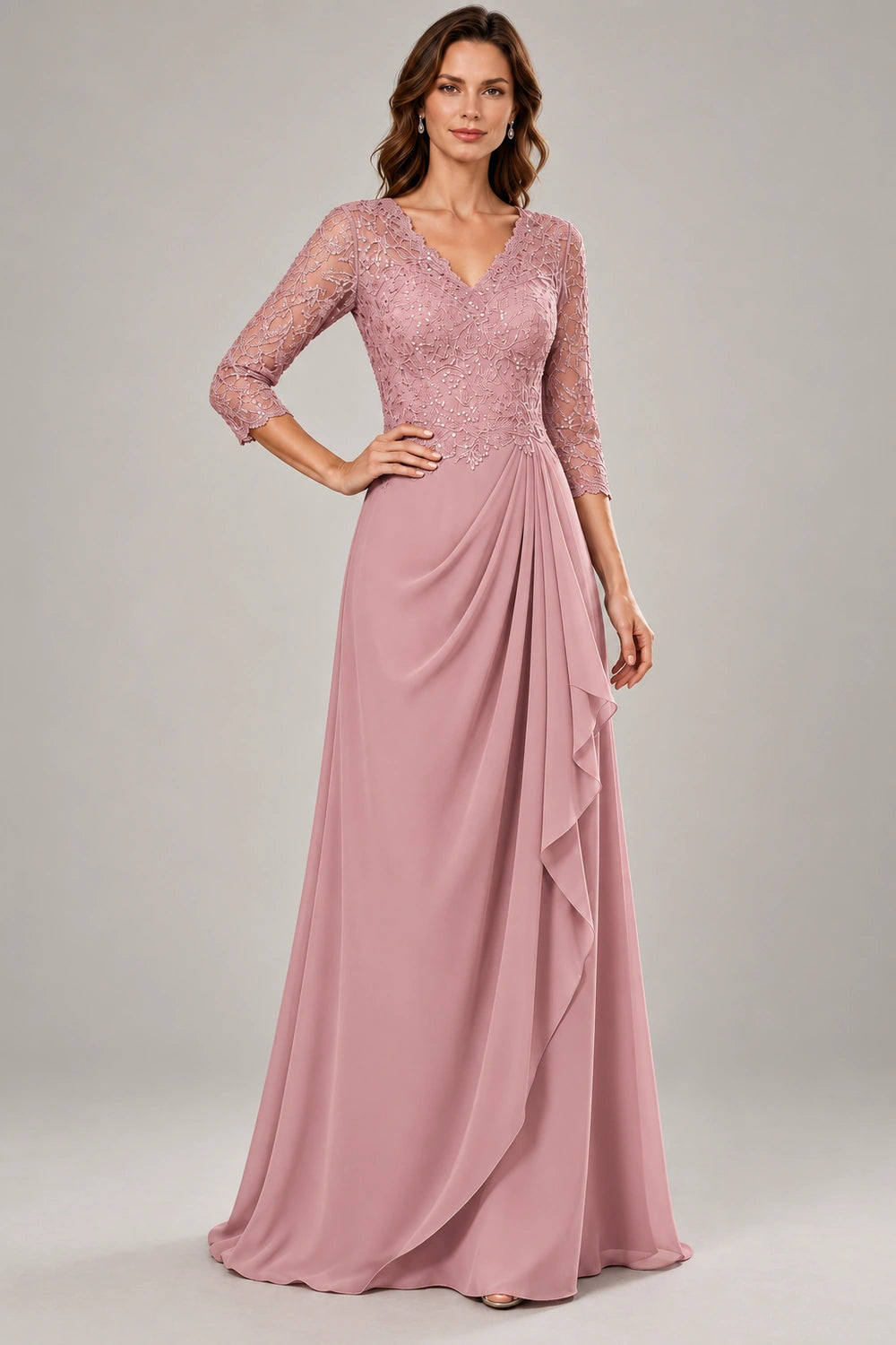 Lace Three-Quarter Sleeve Draped Cascade Chiffon Floor-Length Dress