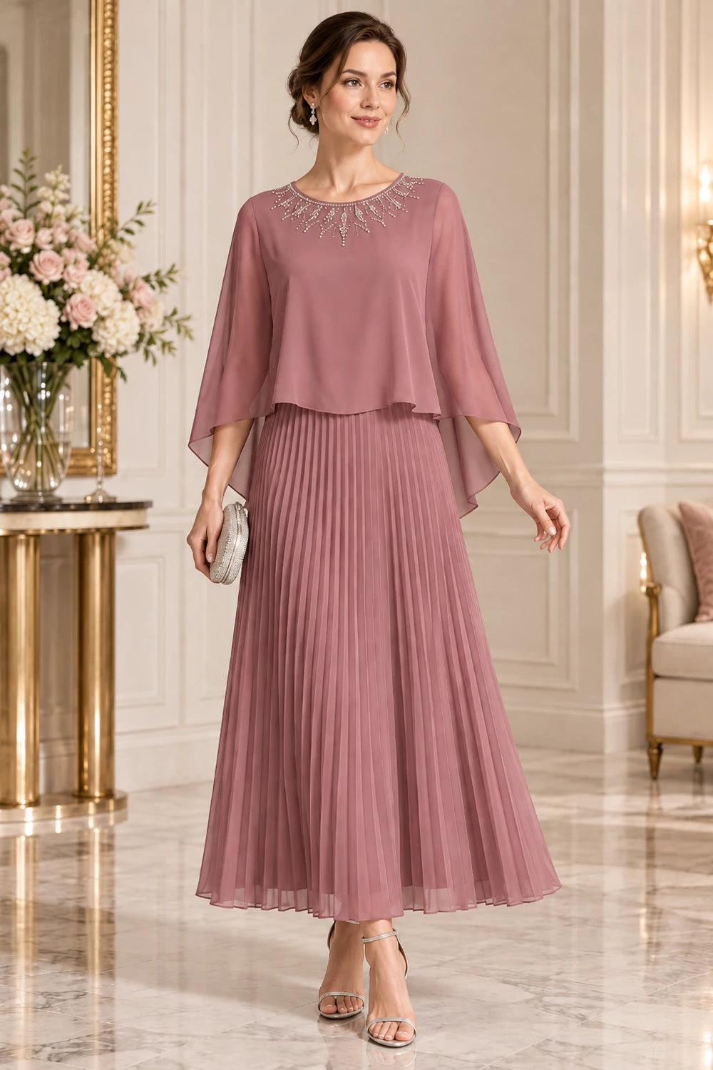 Beaded Cape Sleeve Pleated Chiffon Mother of the Bride Dress