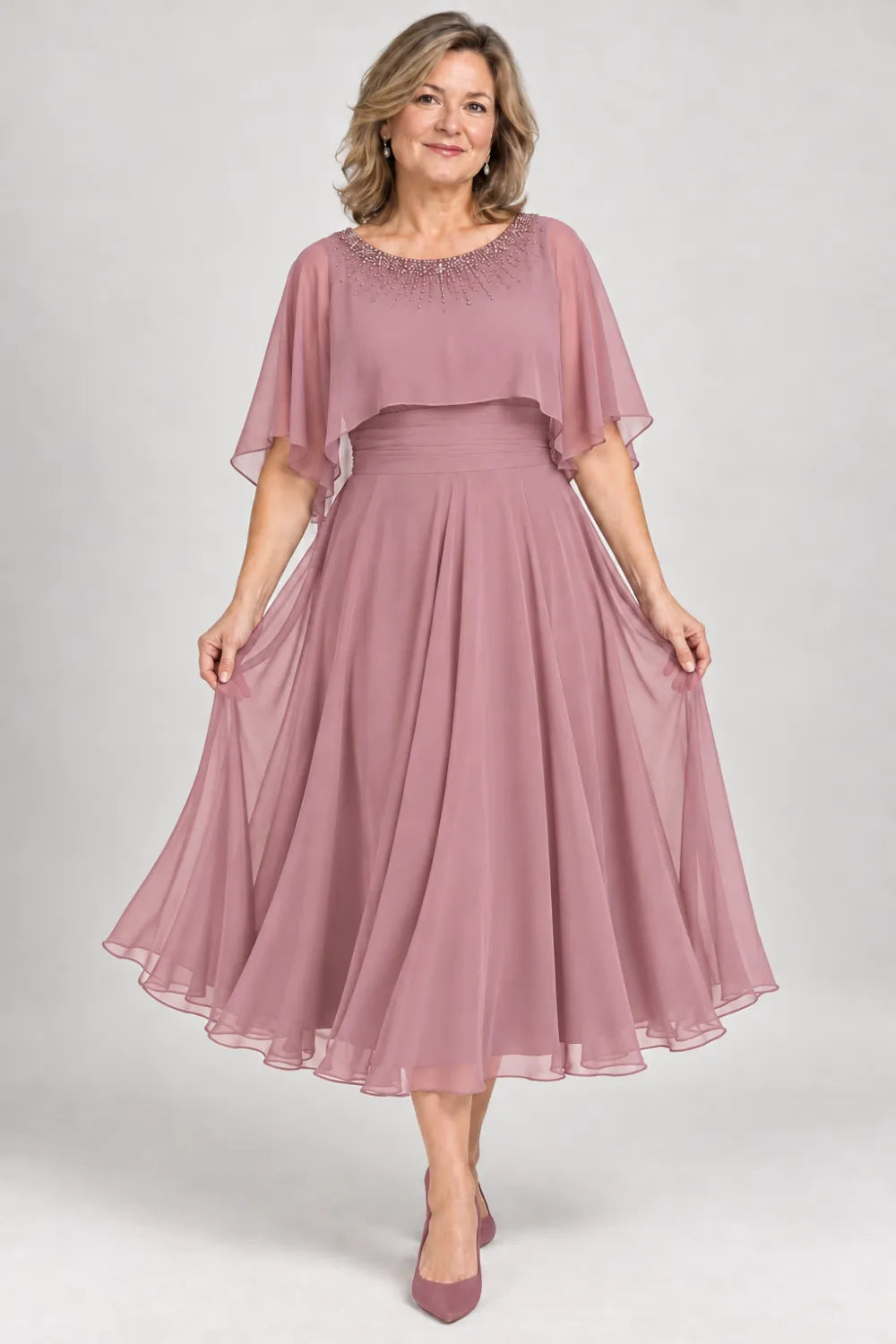 Dusty Rose dress with narrow beaded neckline and defined waist, front view.
