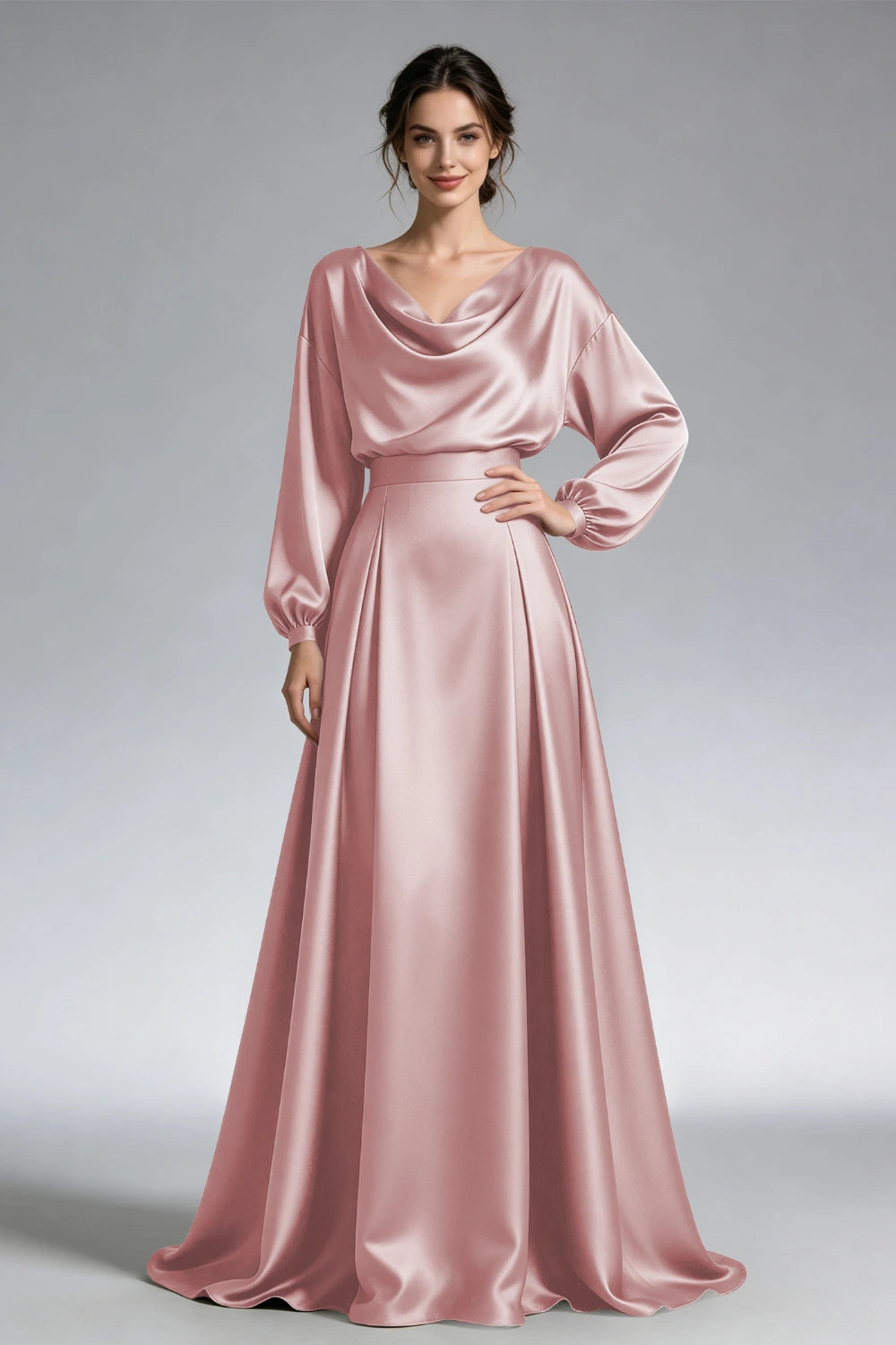 Front view of the dusty rose cowl-neck gown with loose long sleeves and a wide waistband.
