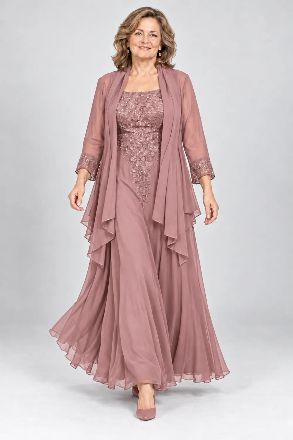 Dusty Rose dress with floral bodice and matching decorated cuffs, front view.