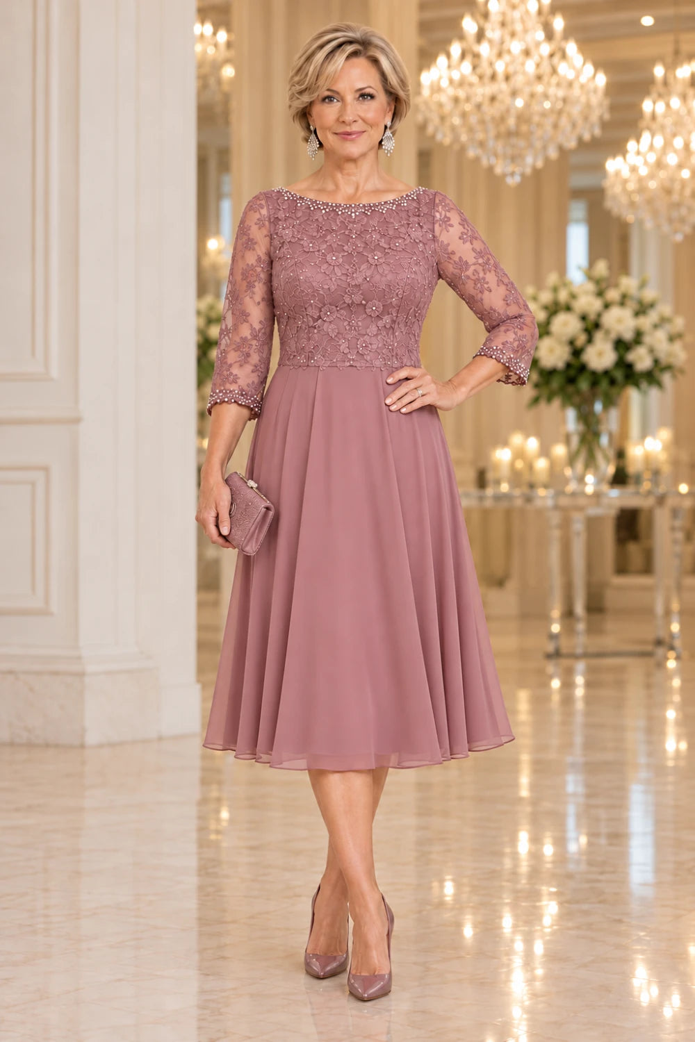 Dusty rose dress with floral lace across the bodice and sleeves above a plain midi skirt, front view.