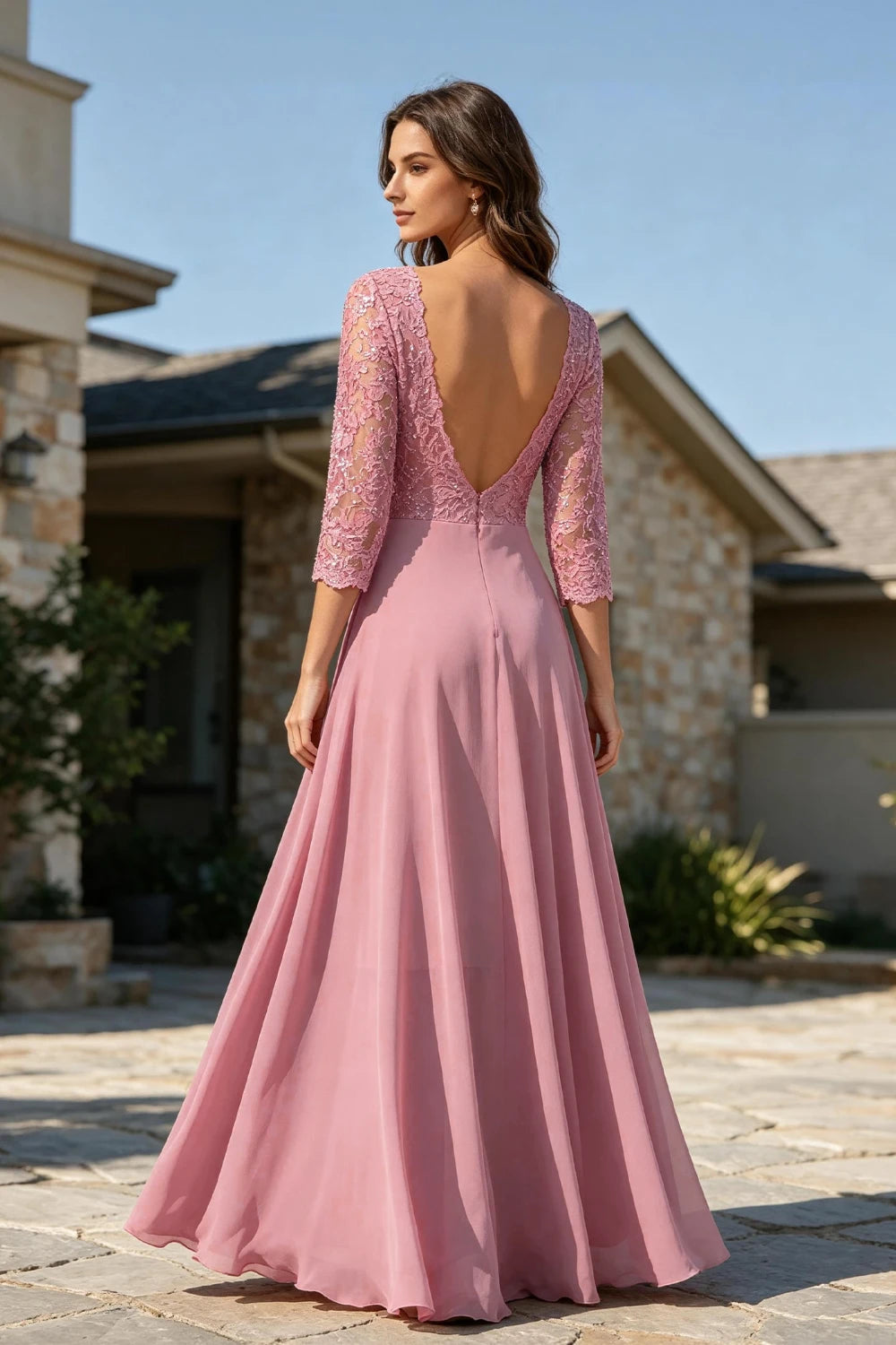 Dusty Rose Lace Three-Quarter Sleeve Pleated Chiffon Floor-Length Dress
