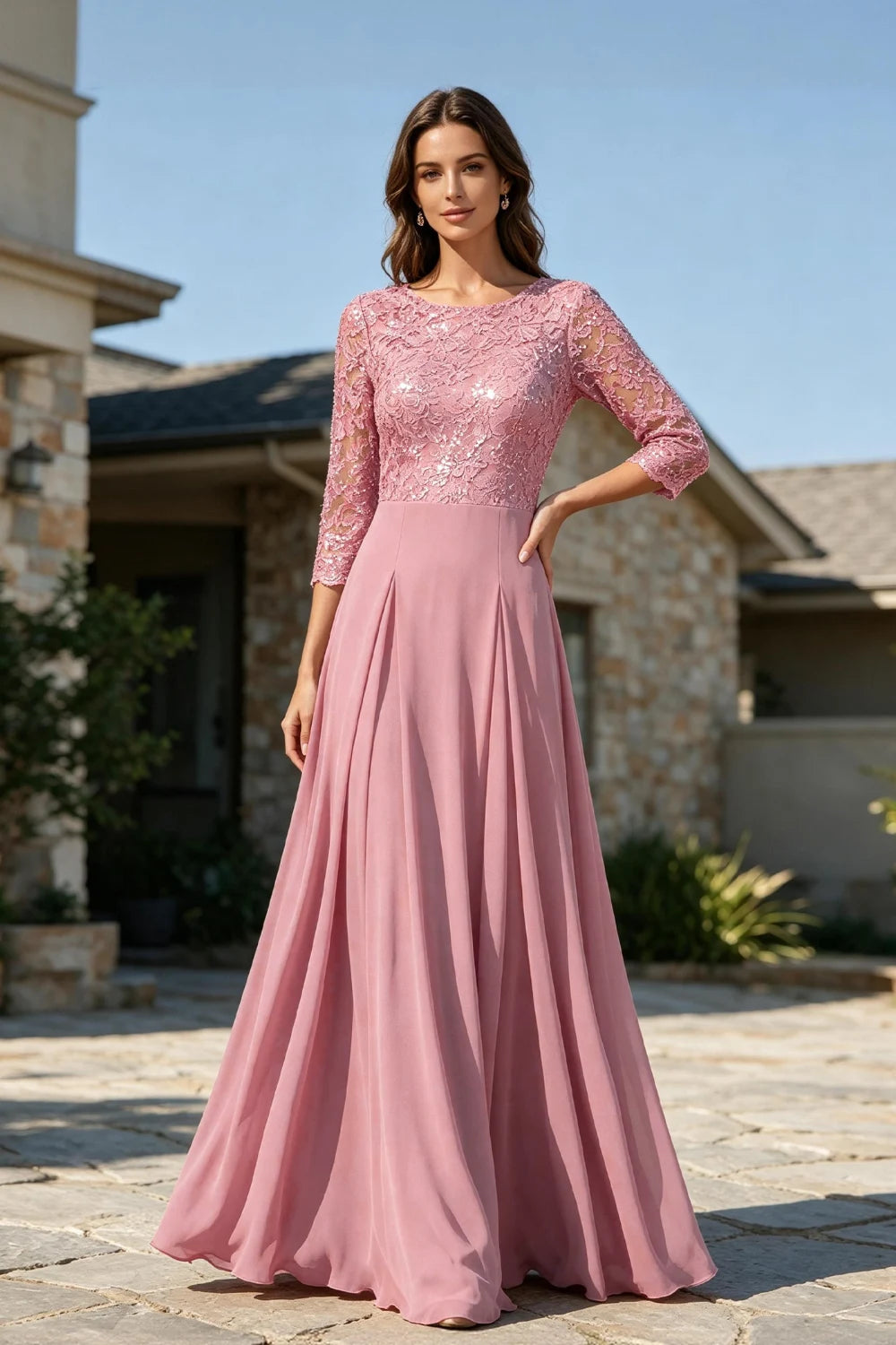 Dusty Rose Lace Three-Quarter Sleeve Pleated Chiffon Floor-Length Dress