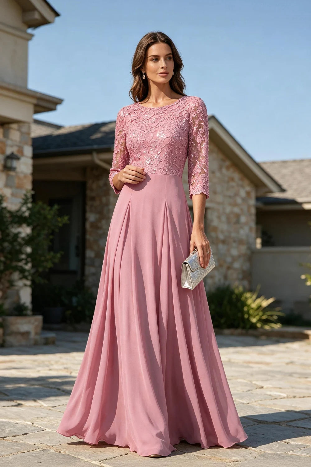 Dusty Rose Lace Three-Quarter Sleeve Pleated Chiffon Floor-Length Dress