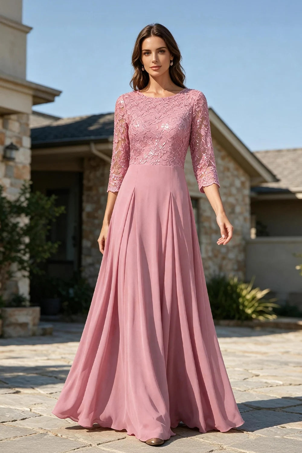Dusty Rose Lace Three-Quarter Sleeve Pleated Chiffon Floor-Length Dress