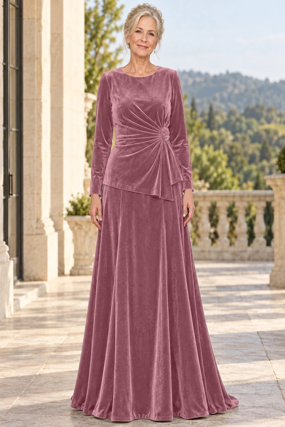 Front view of a dusty rose dress with a ruched front and side rosette.