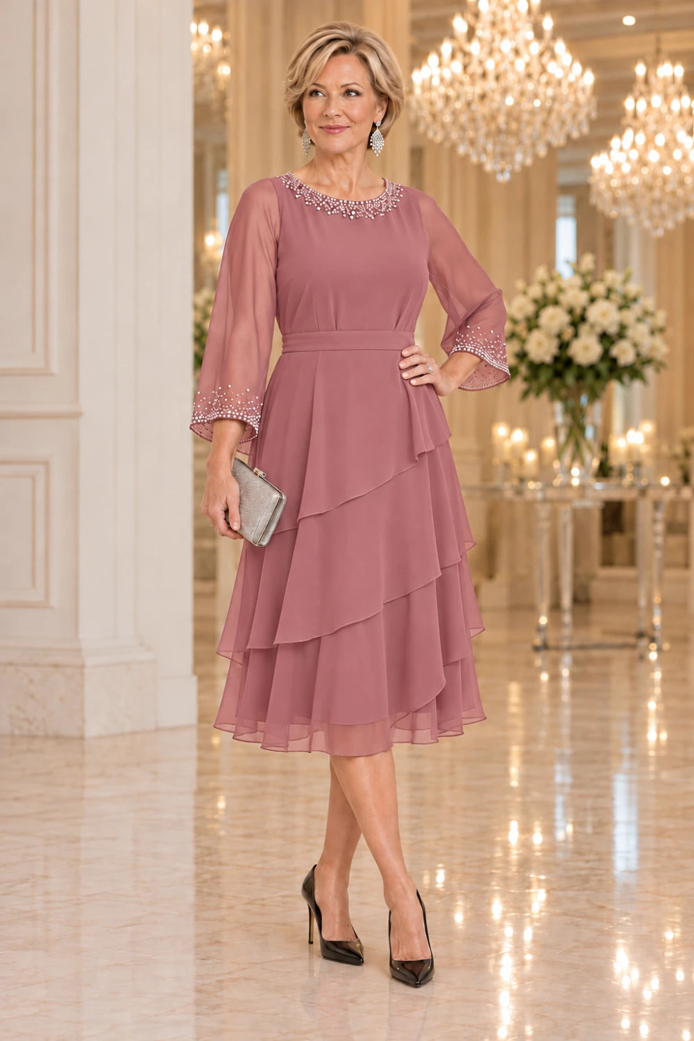 Dusty rose dress with sheer three-quarter sleeves and a diagonal three-tier midi skirt, front view.
