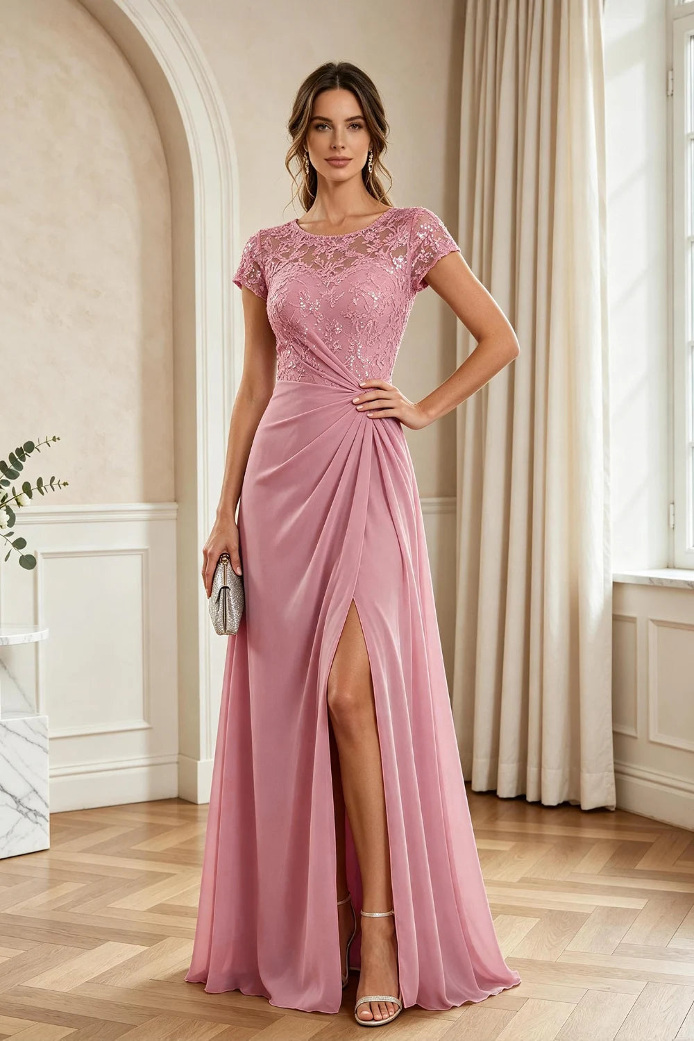 Dusty Rose Lace Cap-Sleeve Draped Chiffon Floor-Length Dress