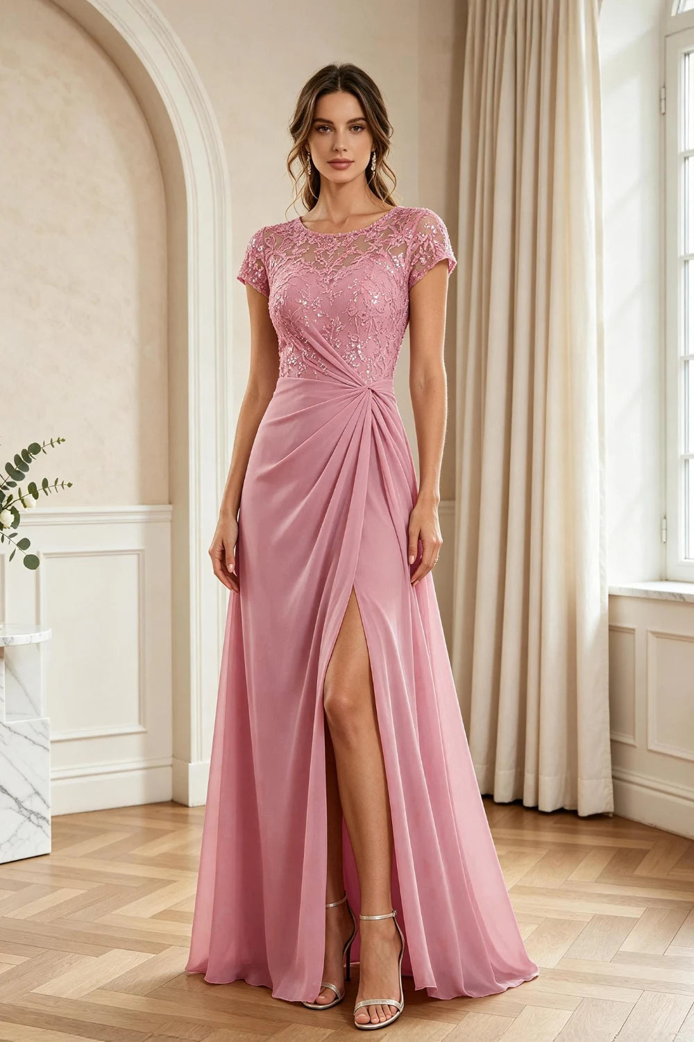 Dusty Rose Lace Cap-Sleeve Draped Chiffon Floor-Length Dress