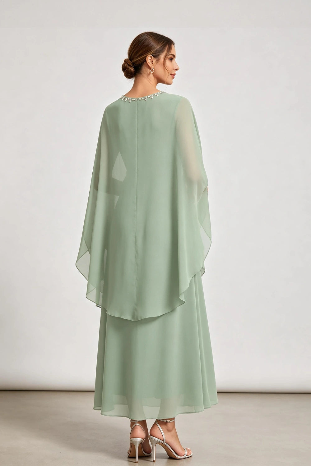 Dusty Sage Beaded Neck Draped Overlay Chiffon Mother of the Bride Dress