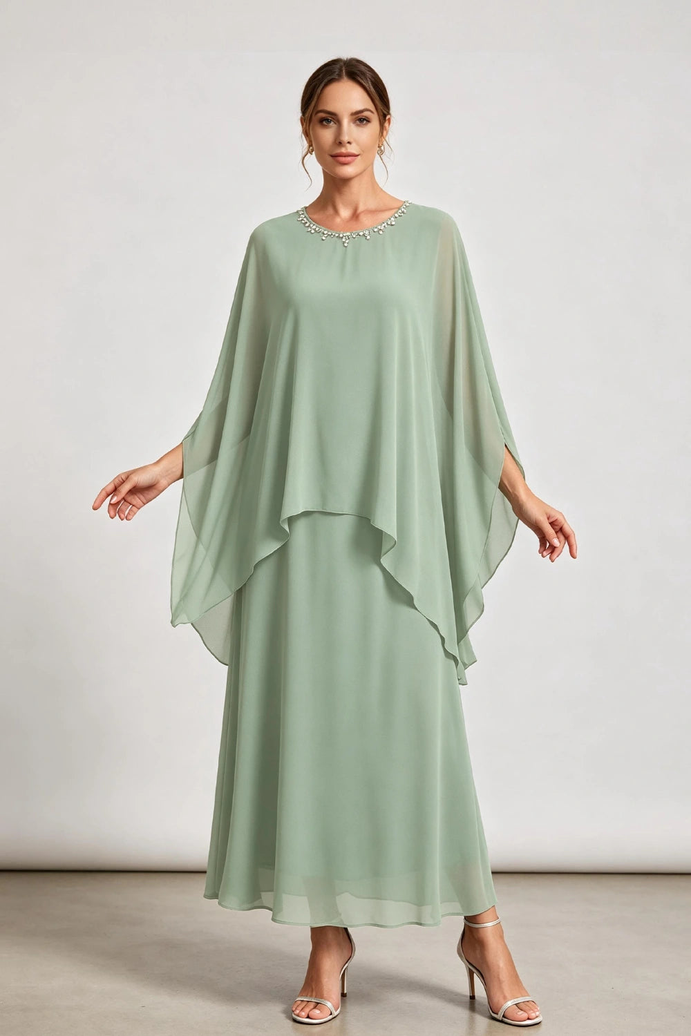 Dusty Sage Beaded Neck Draped Overlay Chiffon Mother of the Bride Dress