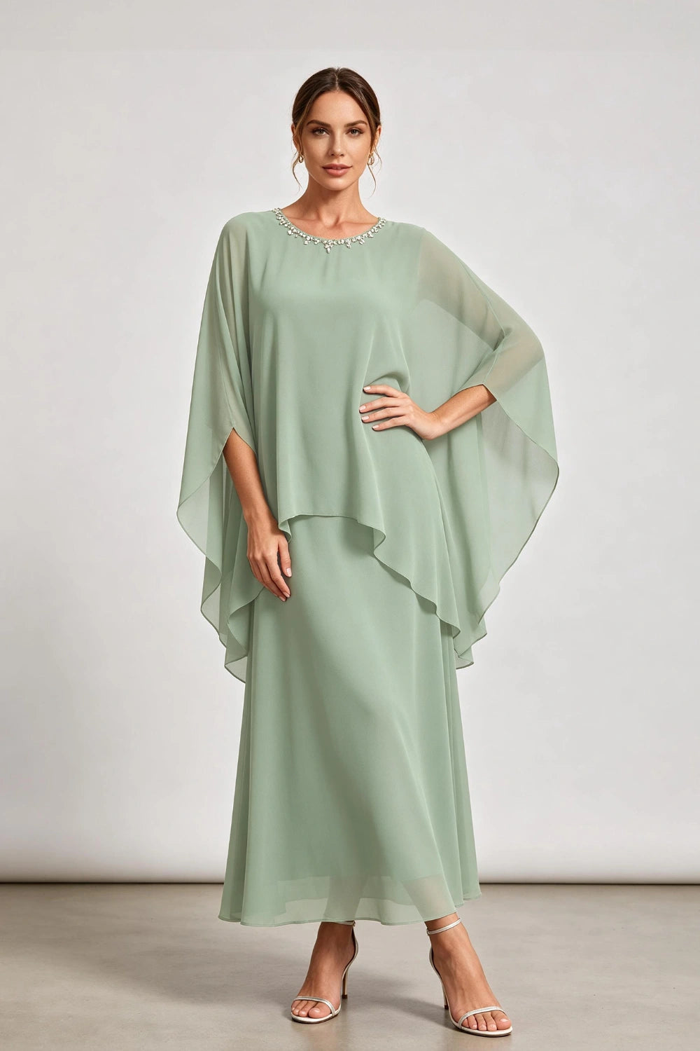 Dusty Sage Beaded Neck Draped Overlay Chiffon Mother of the Bride Dress
