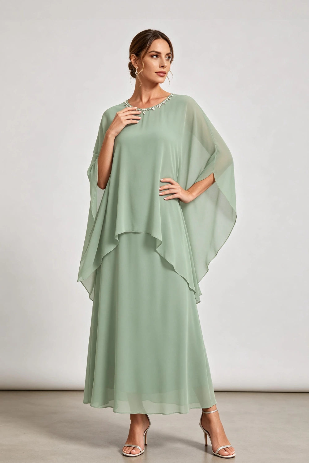 Dusty Sage Beaded Neck Draped Overlay Chiffon Mother of the Bride Dress