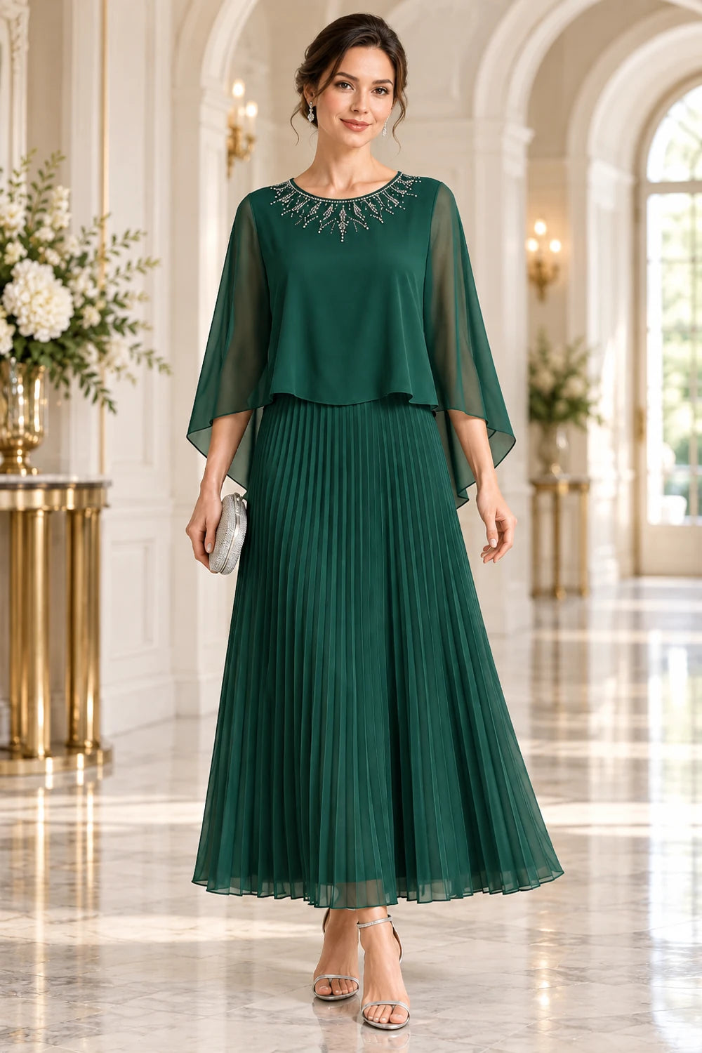 Beaded Cape Sleeve Pleated Chiffon Mother of the Bride Dress