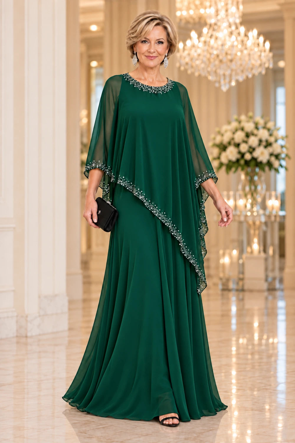 Emerald green floor-length dress with a decorated round neckline and asymmetric cape, front view.