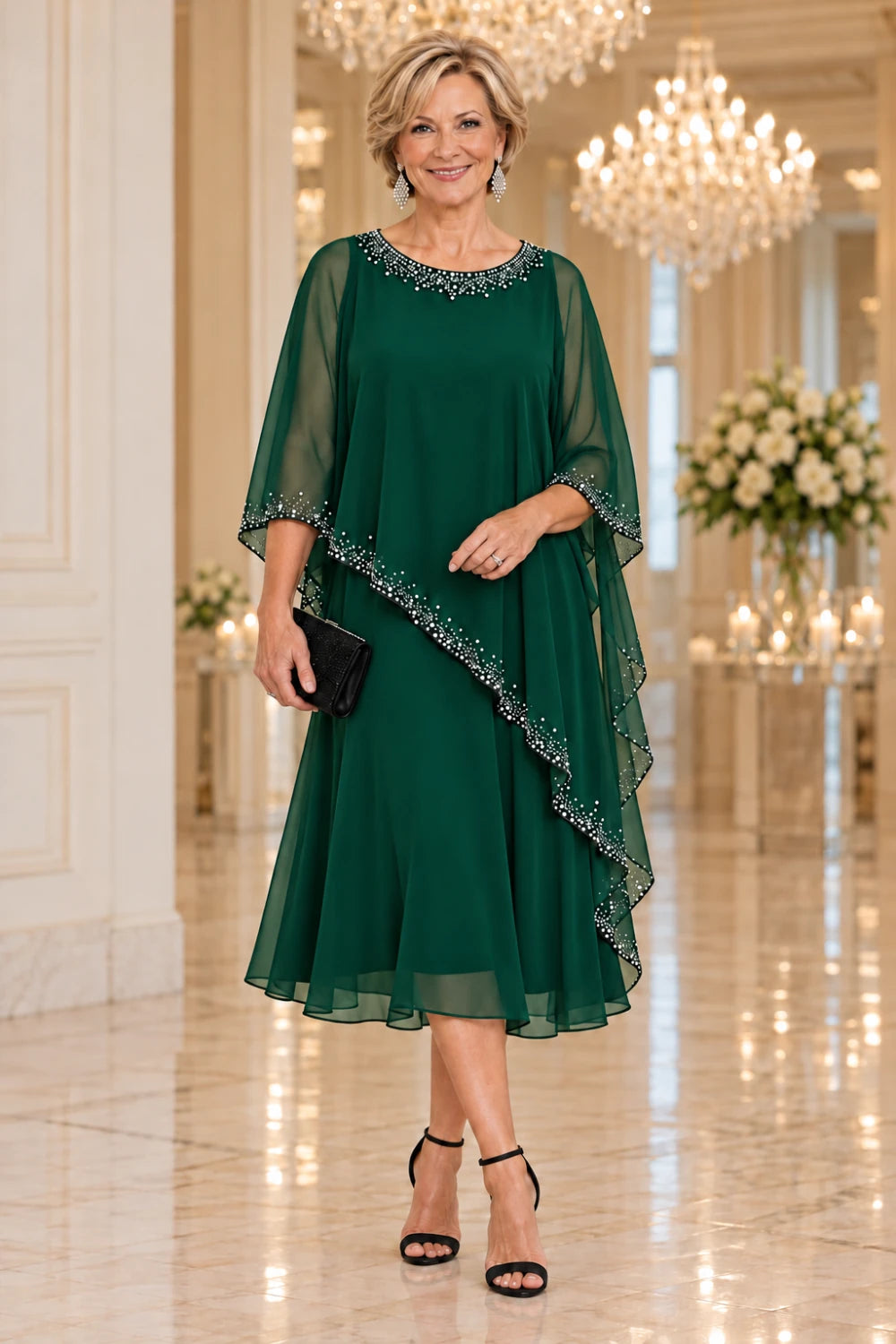 Emerald green midi dress with a pointed waterfall cape and bright round-neck trim, front view.